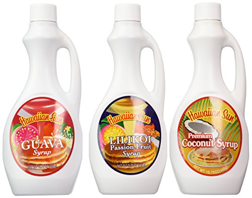 HS Guava Pancake Syrup - 15.75 oz, HS Lilikoi Passion Pancake Syrup - 15.75 oz, and HS Coconut Pancake Syrup - 15.75 oz.