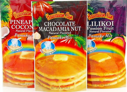 HS Pineapple Coconut Pancake Mix - 6 oz, HS Chocolate Macadamia Pancake Mix - 6 oz, and HS Lilikoi Passion Fruit Pancake Mix - 6 oz