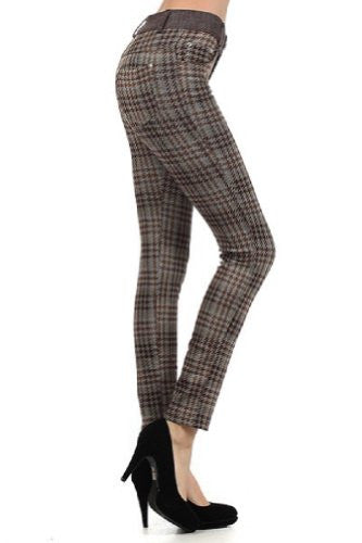 Yelete Houndstooth Plaid, 5-Pocket Jersey Leggings - Coffee L