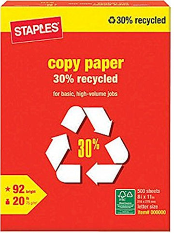 Staples® 30% Recycled Copy Paper, LETTER-Size, 92/104 US/Euro Brightness, 20 lb., 8 1/2"H x 11"W, 500 Sheets/Rm