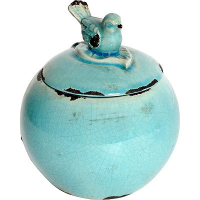 6x6x7" Cora Lidded Round Bowl with Bird Finial, Turquoise