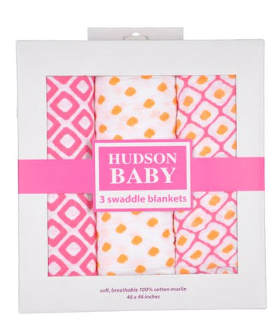 Hudson Baby, Swaddle Blankets, Pink, 3-Pack, One Size
