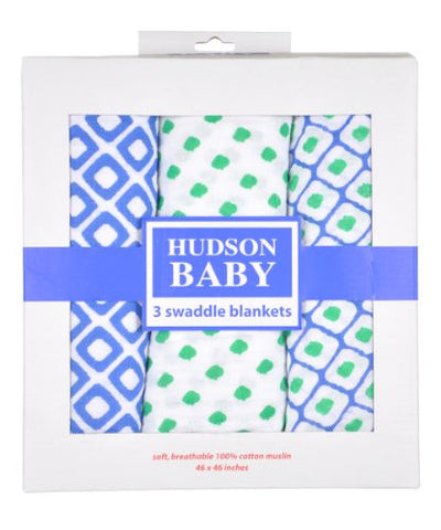 Hudson Baby, Swaddle Blankets, Blue, 3-Pack, One Size