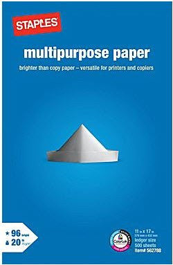 Staples® Multipurpose Paper, LEDGER-Size, 96/108 US/Euro Brightness, 20 lb., 11" x 17", 500 Sheets/Ream