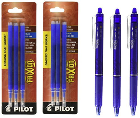 3 Frixion Clicker Gel Pen, Fine Tip, Blue and 2 of 3 Pack Frixion Ball Refill Pen, Fine Tip, Blue