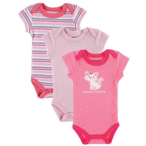 Luvable Friends, Premmie Bodysuits, Pink Kitty Print, Light Pink and Pink Stripes, 3-Pack