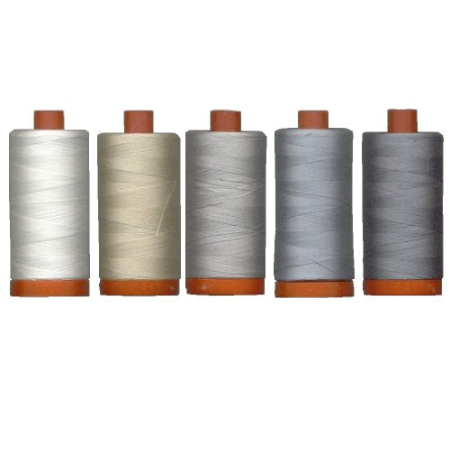 Aurifil- 50wt Cotton 1,422yd, (Natural White, Light Beige, Light Blue Grey, Artic Sky, and Aluminium)