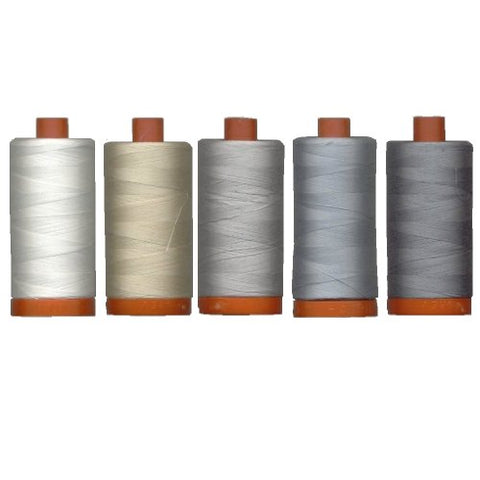 Aurifil- 50wt Cotton 1,422yd, (Natural White, Light Beige, Light Blue Grey, Artic Sky, and Aluminium)