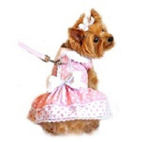 Pink Polka Dot and Lace Dog Harness Dress Set x-small