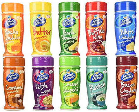 Popcorn Seasoning Variety 10-Pack (White Cheddar, Ranch, Garlic Parmasan, Bacon Cheddar, Cheesy Jalapeno, Butter, Buffalo Wing, Kettle, Nacho Cheddar & Caramel)