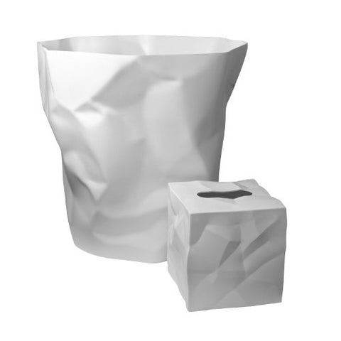 Bin Bin White Waste Paper Basket and Crinkle Cube Tissue Holder, White