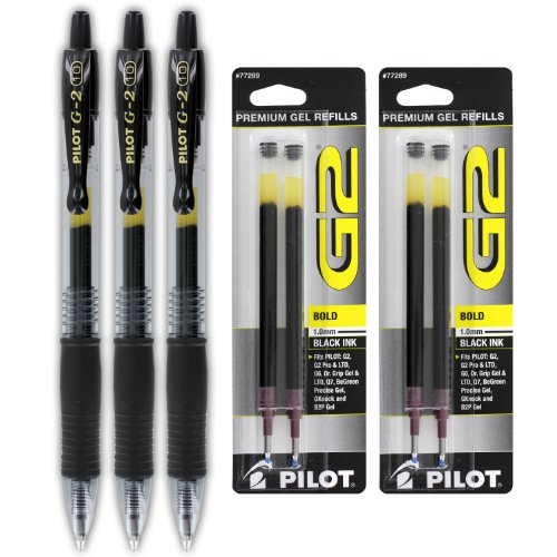 3 G2-1 Pen, Bold Tip, Black and 2 of 2 Pack Refill Pen, Bold Tip, Black