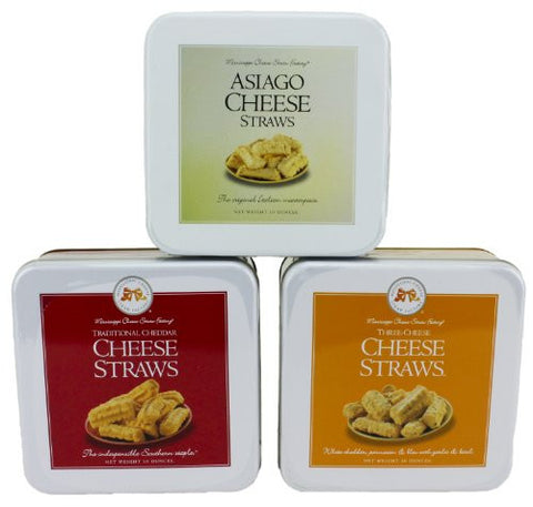 Traditional Cheddar Cheese Straws 10 oz. Gift Tins and Three Cheese Cheese Straws™ 10 oz. Gift Tins and Asiago Cheese Straws 10 oz. Gift Tins