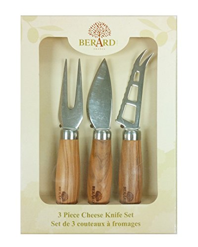 Bérard 3 Pc Cheese Set - Hard Cheese Knife, Soft/Med Knife, Fork (New), about 5.5" long, Olive Wood