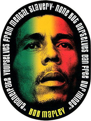 Bob Marley- Oval with Bob's Face in Reggae Tri-Colors on Black- 3.875" x 5.25" Die Cut Sticker