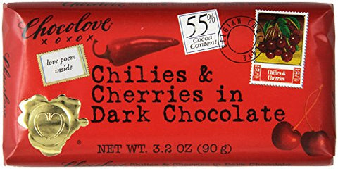 CHOCOLOVE, XOXO CHILIES/CHERRIES CHOCOLATE BAR 3.2OZ