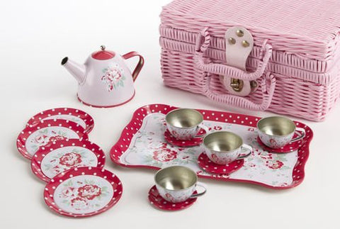 4" Tin Tea Set for 4/ Pink Basket, Rose