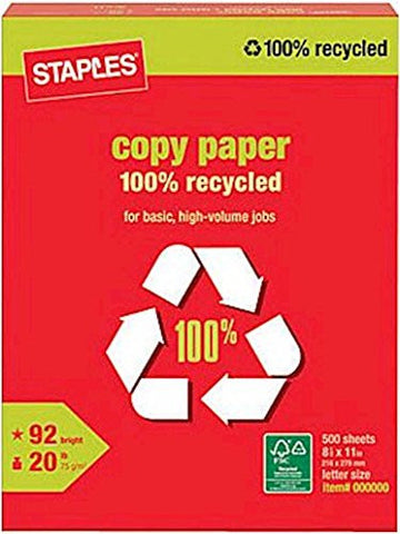 Staples 100% Recycled Copy Paper, Letter-size, 92/104 US/Euro Brightness, 20 lb, 500 Sheets/Rm