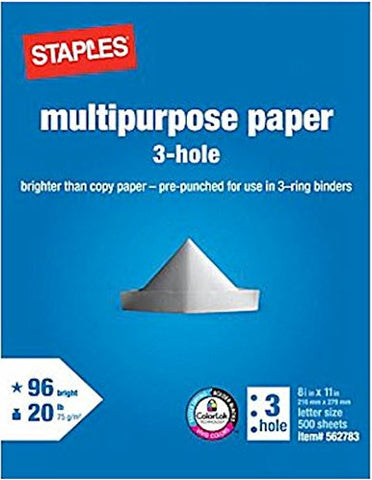 Staples® Multipurpose 3-Hole Punched Paper, LETTER-Size, 96/108 US/Euro Brightness, 20 lb., 8 1/2" x 11", 500 Sheets/Ream