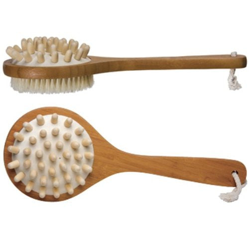 100% Pure Natural Bristle Bamboo Bath Brush with Nubby Wood Massagers
