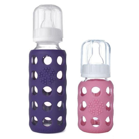 Lifefactory 4 oz & 9oz Glass Bottle with Silicone Sleeve, Twin Pack, Pink/Purple