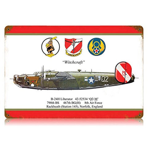 B-24 Liberator Witchcraft vintage metal sign measures 18 inches by 12 inches