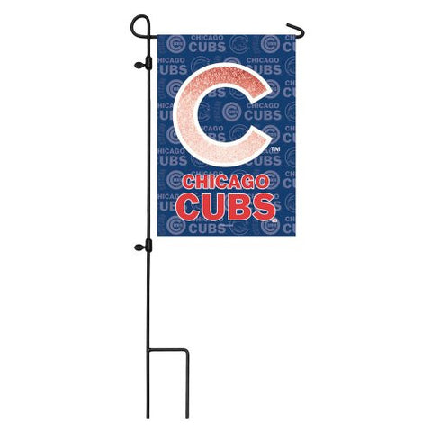 Chicago Cubs Glitter Logo Garden Flag with Metal Stand
