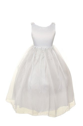 Classic Satin and Organza Dress with Matching Rosebud and Ribbons - White, Size 2