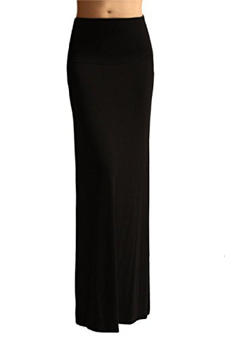 Azules Fold over Waistband Rayon Span Maxi Skirt, Black - Small