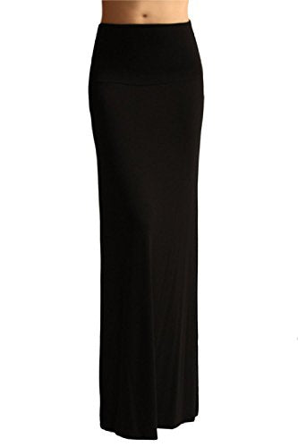 Azules Fold over Waistband Rayon Span Maxi Skirt, Black - XL