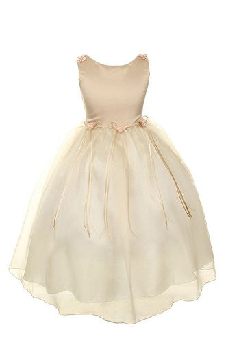 Classic Satin and Organza Dress with Matching Rosebud and Ribbons - Champagne, Size 10