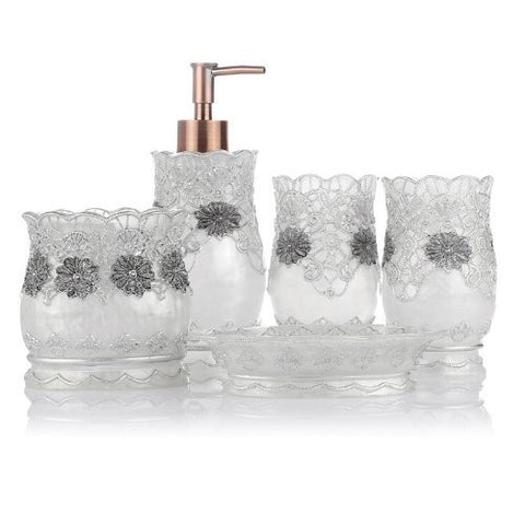 5 Pieces Bathroom Accessories Set with Carving Flowers,White