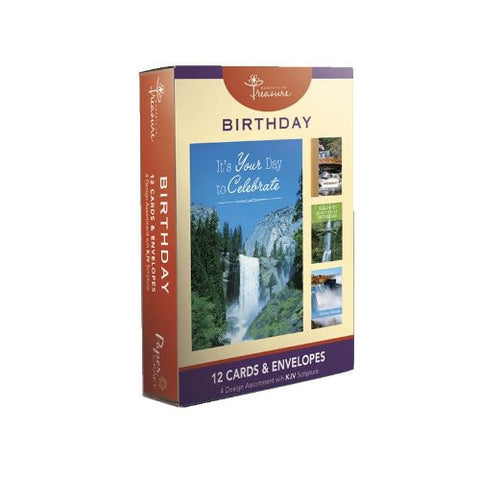 12PK BOXED BIRTHDAY CARDS WITH SCRIPTURE - Waterfalls - 1 box. 4 designs in box. Bulk packed.