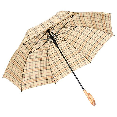 Tan Tartan European Scorched Maple Crook Handle Umbrella Auto Open