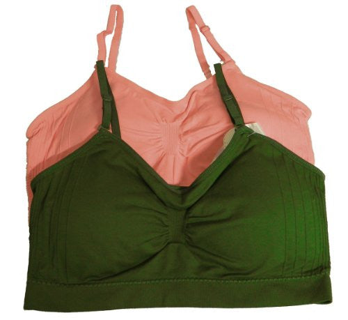 (2 Piece Bundle) Seamless Removable Strap Bra Top - Olive and Seamless Removable Strap Bra Top - Pink, One Size