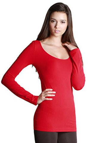 Seamless Long Sleeve Scoop Neck Top - 25 Red, One Size