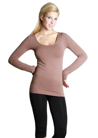 Seamless Long Sleeve Scoop Neck Top - 23 Taupe, One Size
