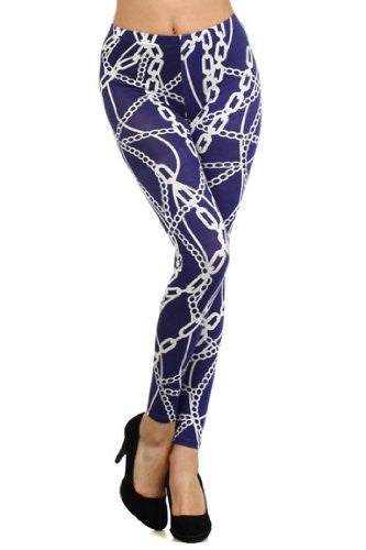 Yelete White & Navy Chain Link Printed Leggings L/XL