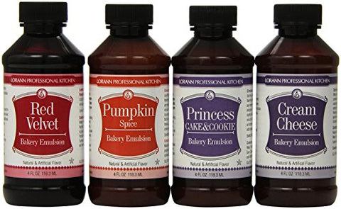 Red Velvet Bakery Emulsion, 4 oz. and Pumpkin Spice Bakery Emulsion, 4 oz. and Princess Cake & Cookie Bakery Emulsion, 4 oz. and Cream Cheese Bakery Emulsion, 4 oz.