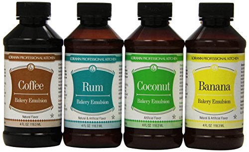 Coffee (Natural) Bakery Emulsion, 4 oz. and Rum Bakery Emulsion, 4 oz. and Coconut Bakery Emulsion, 4 oz. and Banana Bakery Emulsion, 4 oz.