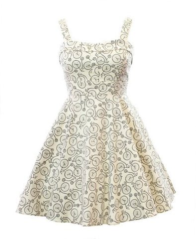 Ixia, Bicycle print, sleeveless dress with straps, flared skirt, bow detail, and invisible back zipper, Eggshell, Small
