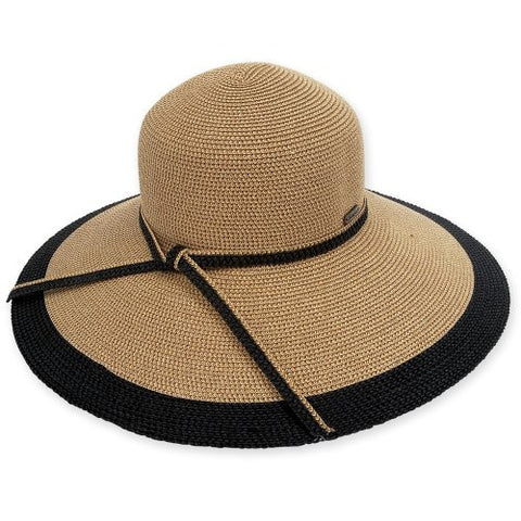 Adona Sewn Paper Braid Hat with Contrasting Trim, 5" Brim - Black