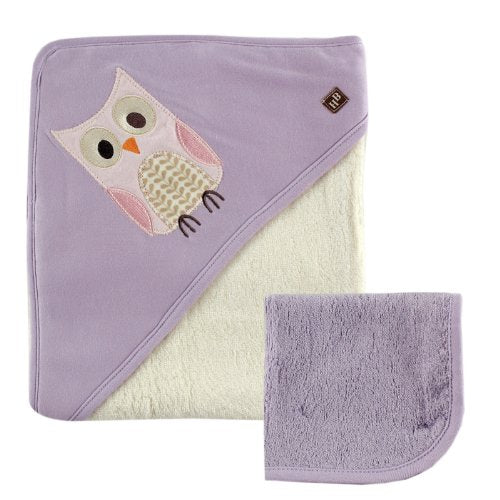 HUDSON BABY BAMBOO HOODED BATH TOWEL 30x36"AND WASHCLOTH 10X10", PURPLE OWL