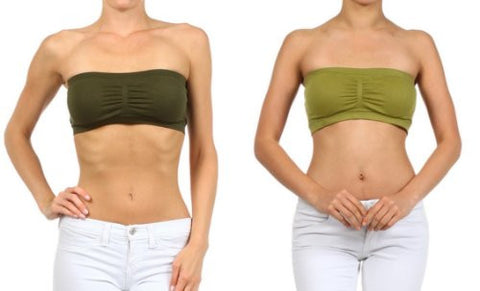 Yelete Strapless Bandeau Bra/Top with Removable Pads - Dark & Light Olive, Pack of 2
