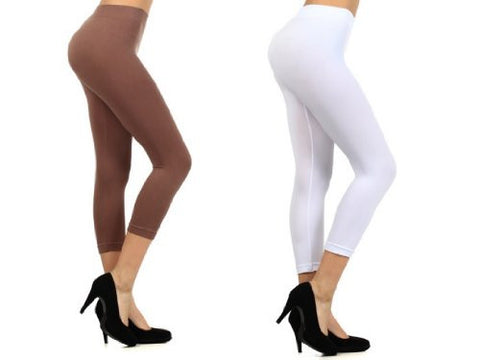 Yelete Plus Size Seamless Solid Color Capri Nylon Leggings - White & Taupe - Pack of 2