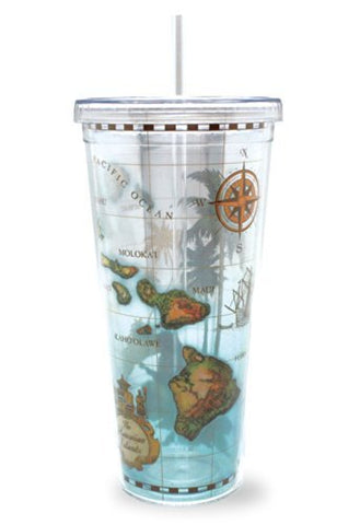 24 oz. Travel Tumbler with Straw Hawaii Map, 4” D x 7-3/4" H