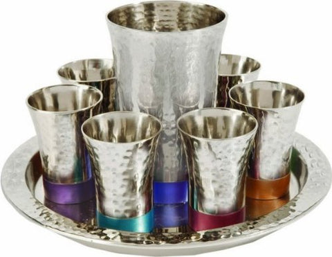 Set of 6 Cups and Kiddush Cup - Hammer work- Nickel - Multicolor, 7.5x4.5 inch