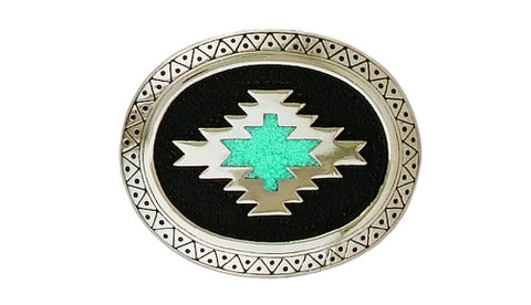 Aztec With Turquoise Inlay Belt Buckle Made In USA 3 In x 2-1/2 In