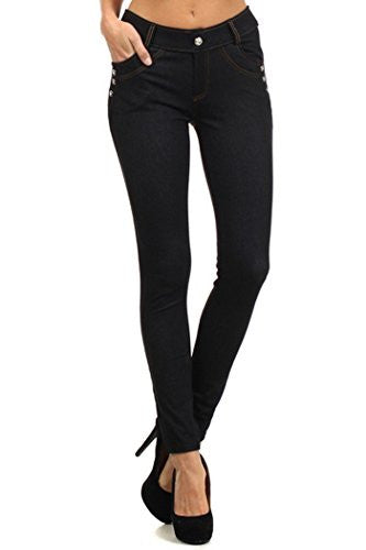 Yelete 5-Pocket Jeggings with Slanted Rhinestone Detailing (front pockets) - Black S/M