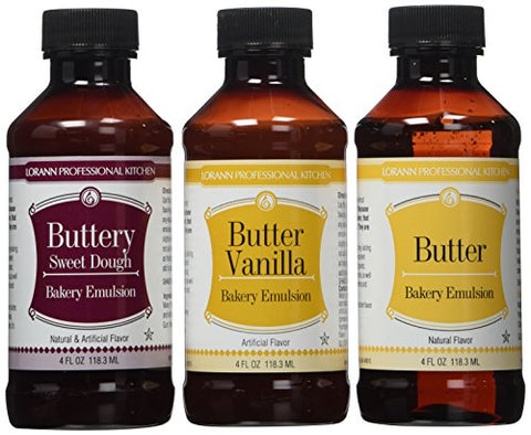 Buttery Sweet Dough Bakery Emulsion, 4 oz. and Butter Vanilla Bakery Emulsion, 4 oz. and Butter (Natural) Bakery Emulsion, 4 oz.